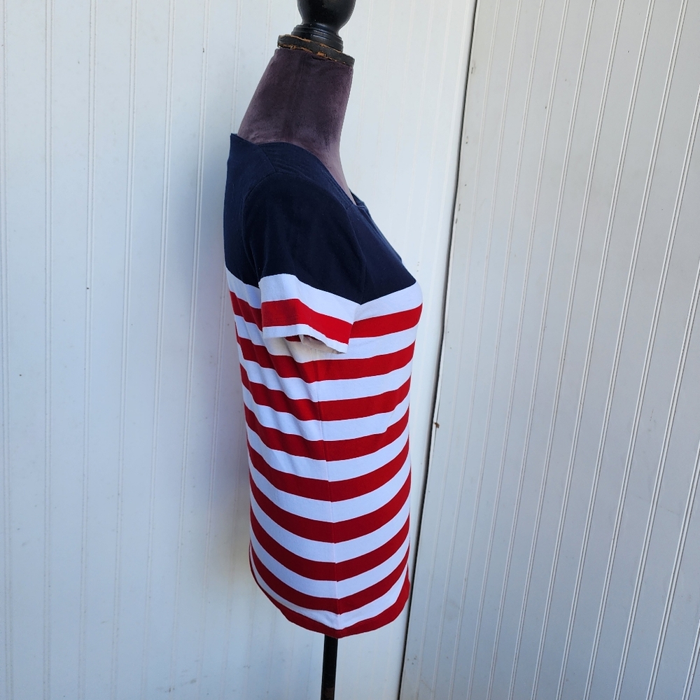 Chaps Classics Navy White Red Stripe Square Neck Short Sleeve T Shirt Nautical M - Picture 4 of 10